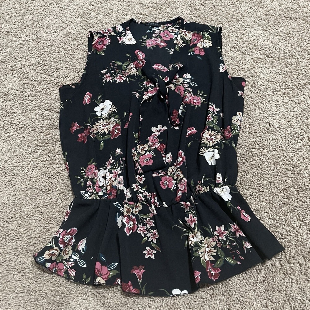 Nuna Lie Mika Blouse Womens Medium Black Floral Sleeveless Tie Neck Peplum Italy